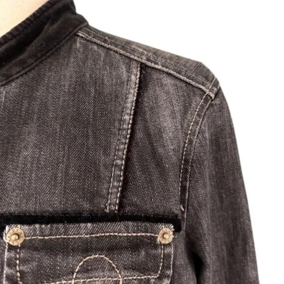 DKNY Jeans Women's Black Cropped Denim Military Style Jacket Stretch Faded L EUC - Picture 4 of 16